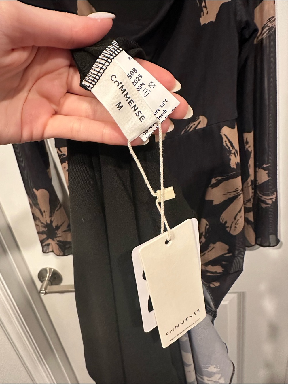 Commense Black Gown with Tan Floral Print and Sheer Long Sleeves - Picture 7 of 8